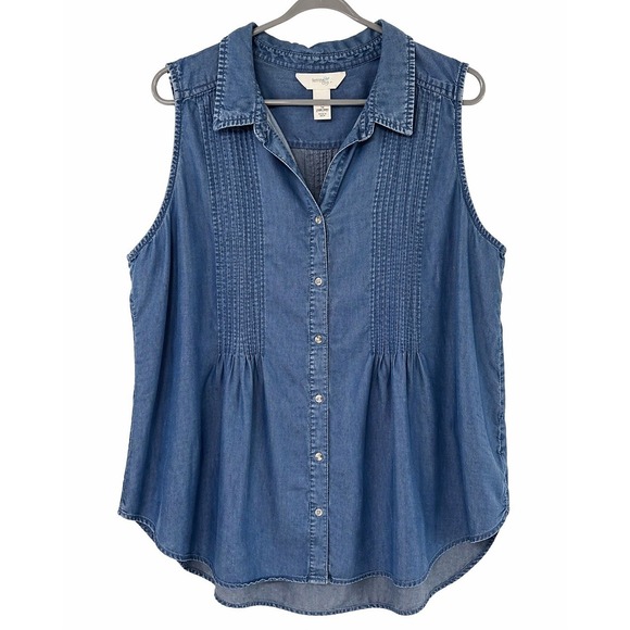 Terra & Sky Tops - Terra & Sky Chambray Top 1X Lyocell Button Front Sleeveless Blue Casual Everyday